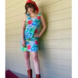 Vintage 90s Jams World Hawaiian Tropical Print Floral Summer Shift Dress, S